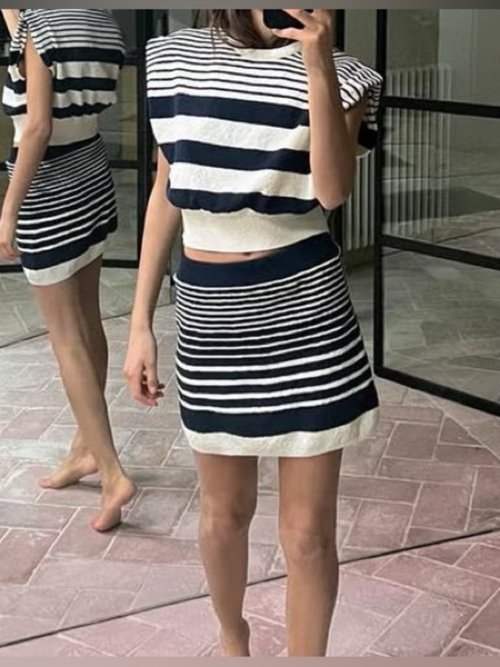 ZARA Striped Navy & White Knit Mini Skirt &  CROPPED TOP Set